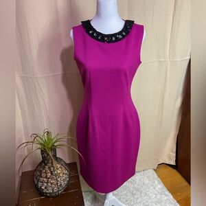 Tahari Fuchsia Dress with Black Embellished Neckline